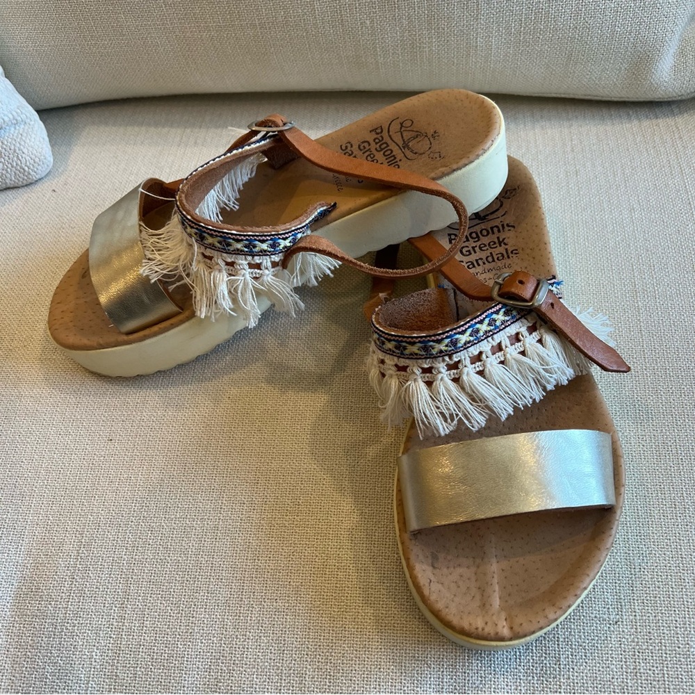 Handmade gold leather Greek flatform sandals by Pagonis, 37